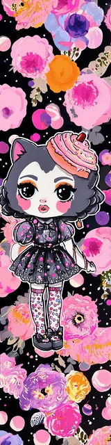 Free kawaii cats bookmark featuring a kitty with a cake hat and floral details